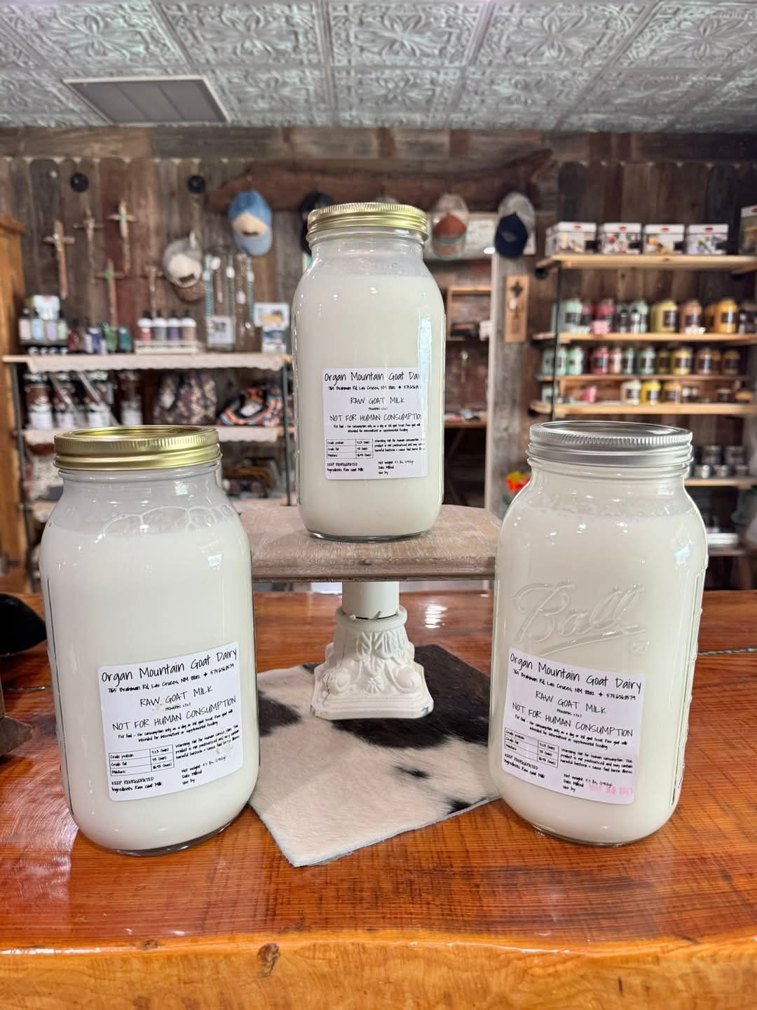 Three Ball mason jars filled with fresh raw goat milk from Organ Mountain Goat Dairy, displayed on a rustic wooden counter