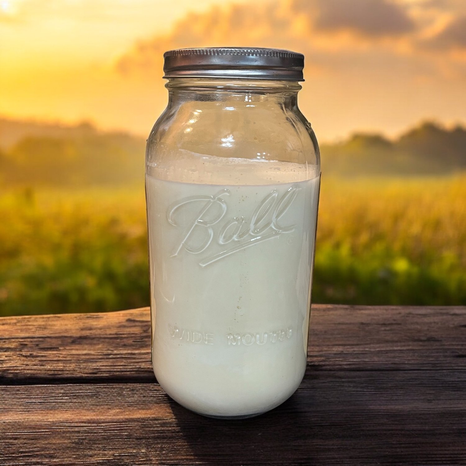 A Ball mason jar of fresh raw goat milk at golden hour on the farm